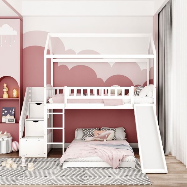 White Twin Over Twin PlayHouse Perpendicular Bunk Bed with Slide Sale