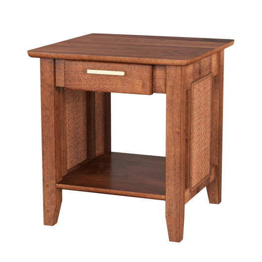 Rattan Nightstand End Table with Drawer and Storage Shelf-Walnut Online now