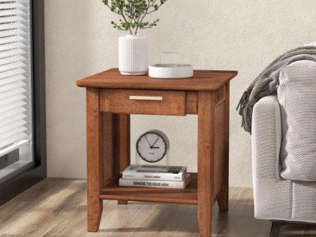 Rattan Nightstand End Table with Drawer and Storage Shelf-Walnut Online now