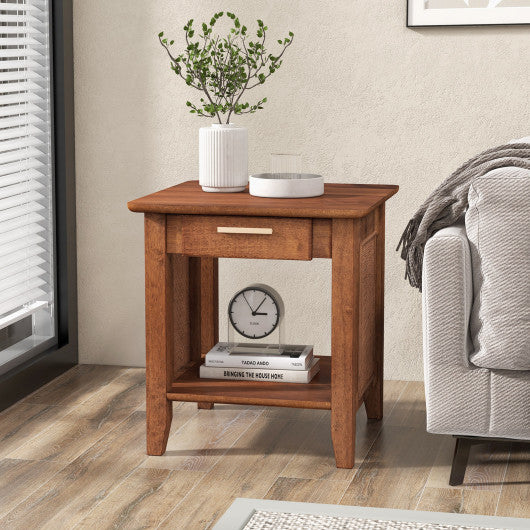 Rattan Nightstand End Table with Drawer and Storage Shelf-Walnut Online now