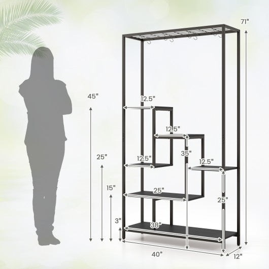 6-Tier Tall Plant Stand 71  Metal Indoor Plant Shelf with 10 Hanging Hooks-Black Fashion