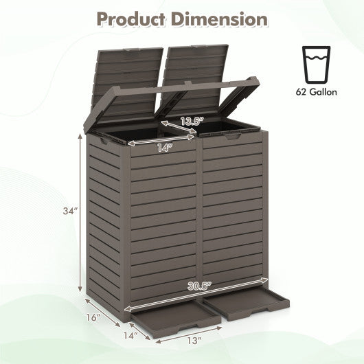 62 Gallon Outdoor Trash Can Waterproof Double Bin with Tiered Lid and Drip Tray-Coffee Online Sale