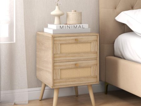 Rattan Nightstand Boho Accent Bedside Table with 2 Storage Drawers-Natural For Discount