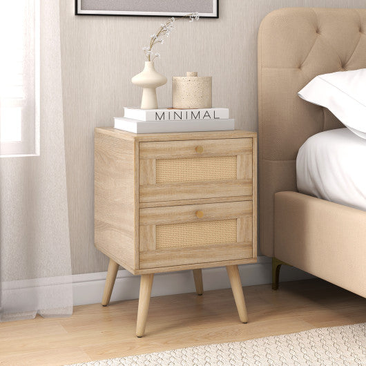 Rattan Nightstand Boho Accent Bedside Table with 2 Storage Drawers-Natural For Discount