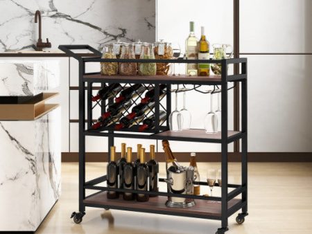 3-tier Bar Cart on Wheels Home Kitchen Serving Cart with Wine Rack and Glasses Holder-Brown Online