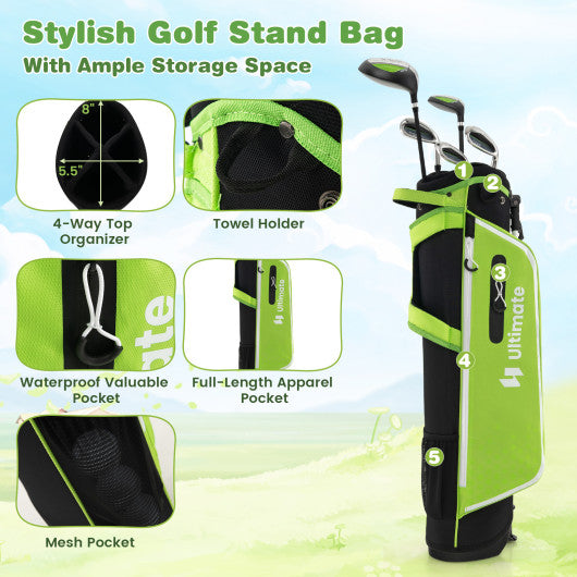 Junior Complete Golf Club Set with Stand Bag Rain Hood-Green Online now