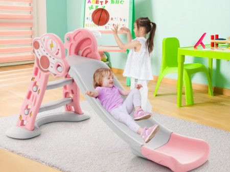 3-in-1 Folding Slide Playset with Basketball Hoop and Small Basketball-Pink For Cheap