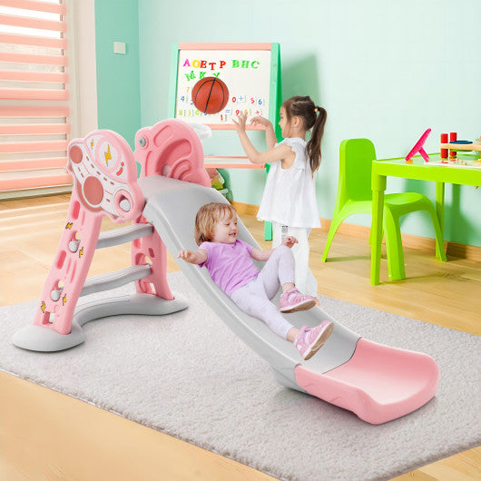 3-in-1 Folding Slide Playset with Basketball Hoop and Small Basketball-Pink For Cheap