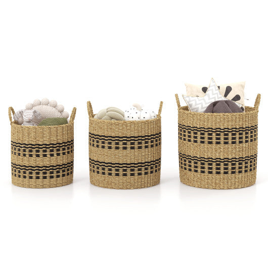 Seagrass Basket Set of 3 Stackable Storage Bins with Handles Woven Round Basket-M Online