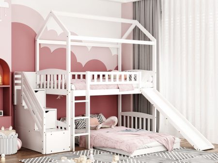 White Twin Over Twin PlayHouse Perpendicular Bunk Bed with Slide Sale