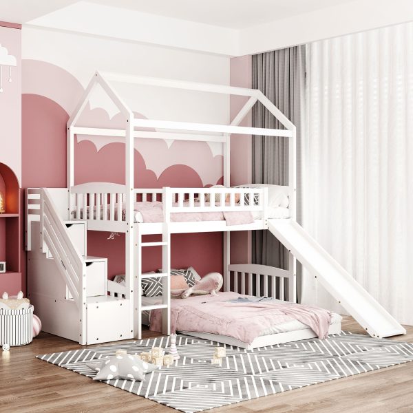 White Twin Over Twin PlayHouse Perpendicular Bunk Bed with Slide Sale