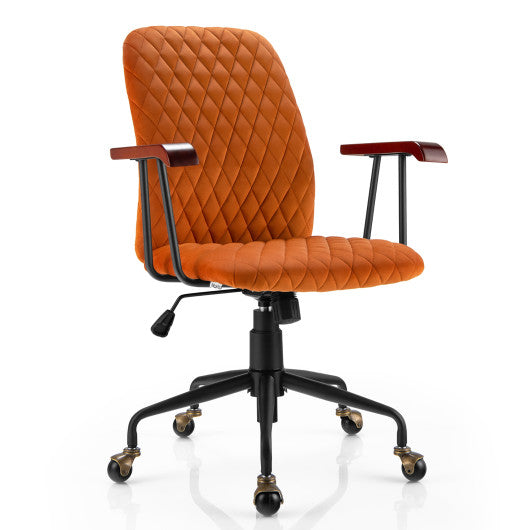 Velvet Home Office Chair with Wooden Armrest Orange For Sale