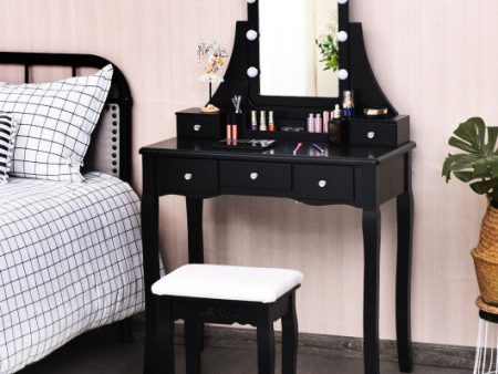 10 Dimmable Light Bulbs Vanity Dressing Table with 2 Dividers and Cushioned Stool-Black Cheap