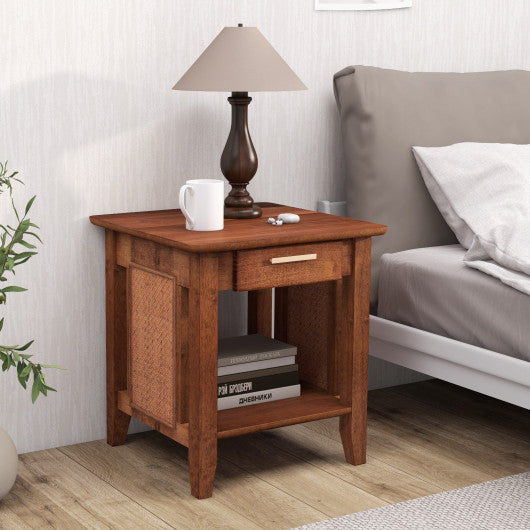 Rattan Nightstand End Table with Drawer and Storage Shelf-Walnut Online now