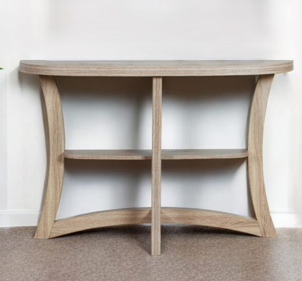 47  Taupe Half Moon Three Leg Console Table With Shelves For Cheap