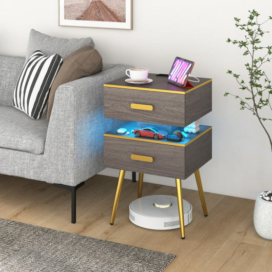 Nightstand Sofa Side Tables with Charging Station and 2 Drawers and LED lights-Gray Cheap