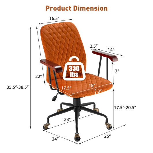 Velvet Home Office Chair with Wooden Armrest Orange For Sale