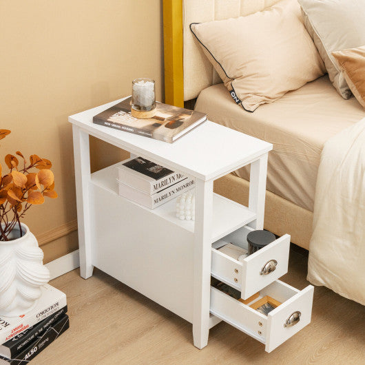 2 Pieces Wooden Bed-side Nightstand Set with 2 Drawers-White For Discount