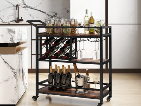 3-tier Bar Cart on Wheels Home Kitchen Serving Cart with Wine Rack and Glasses Holder-Rustic Brown Online