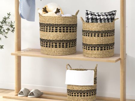 Seagrass Basket Set of 3 Stackable Storage Bins with Handles Woven Round Basket-M Online