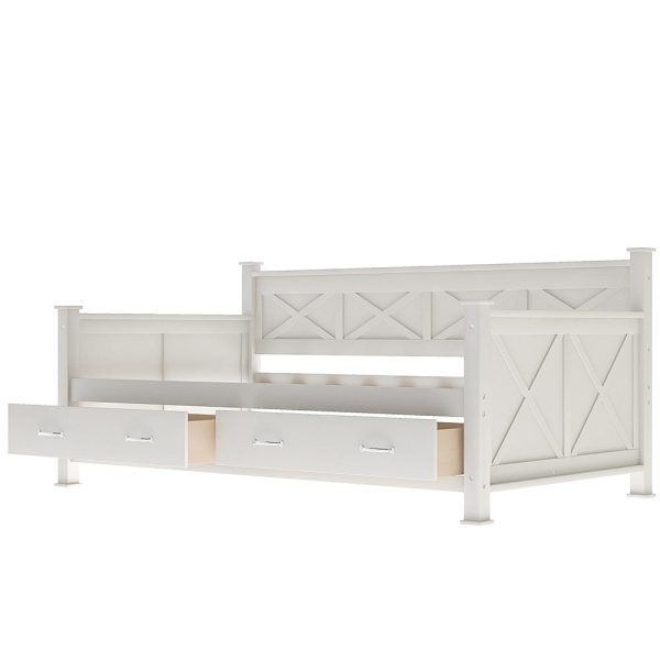 White Cross Back Wood Twin With Two Drawers Bed Frame Online Hot Sale