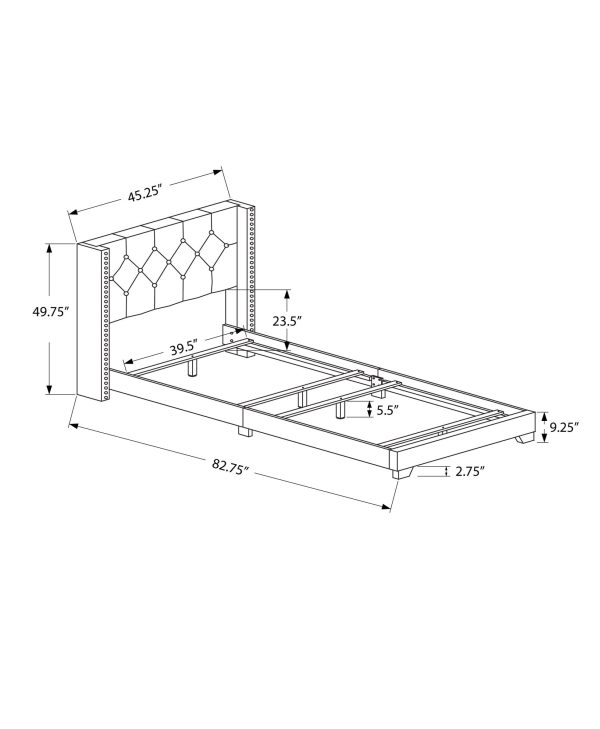 45.25  X 82.75  X 49.75  Dark Grey Velvet With Chrome Trim - Twin Size Bed For Sale