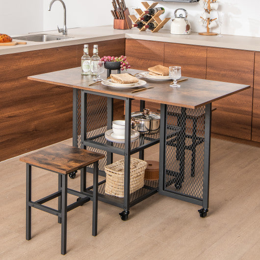 Drop Leaf Expandable Dining Table Set with Lockable Wheels-Brown on Sale