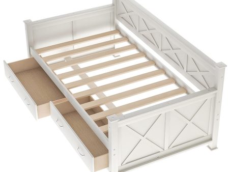 White Cross Back Wood Twin With Two Drawers Bed Frame Online Hot Sale