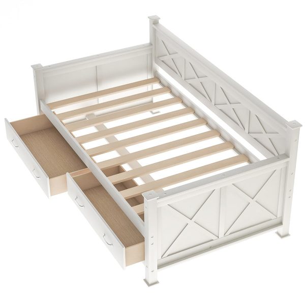 White Cross Back Wood Twin With Two Drawers Bed Frame Online Hot Sale