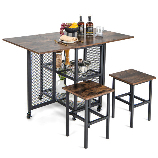 Drop Leaf Expandable Dining Table Set with Lockable Wheels-Brown on Sale