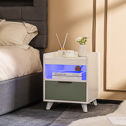 Modern Nightstand with LED Lights Sliding Drawer and Open Compartment-White Fashion