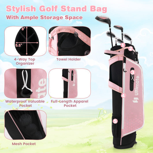 Junior Complete Golf Club Set with Stand Bag Rain Hood-Pink Cheap