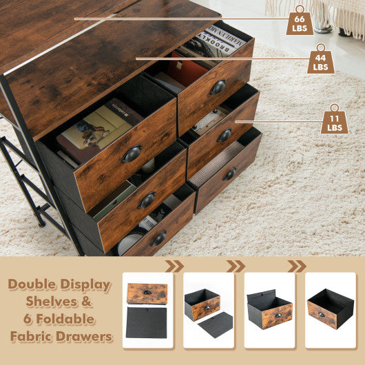 2-Tier Storage Chest with Wooden Top and 6 Fabric Drawers-Rustic Brown Fashion