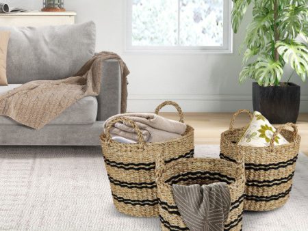 Seagrass Basket Set of 3 Stackable Storage Bins with Handles Woven Round Basket-S Discount