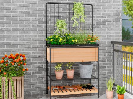 Raised Garden Bed with Trellis 2-tier Storage Shelves-Natural For Cheap