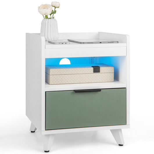 Modern Nightstand with LED Lights Sliding Drawer and Open Compartment-White Fashion