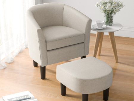 Barrel Club Chair with Ottoman Set Linen Fabric Accent Chair with Footrest-Beige For Cheap