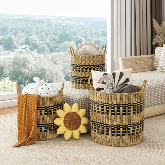 Seagrass Basket Set of 3 Stackable Storage Bins with Handles Woven Round Basket-M Online