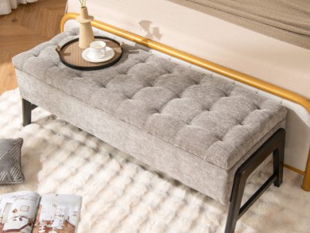 Modern Chenille Storage Bench with Solid Rubber Wood Legs-Gray For Discount