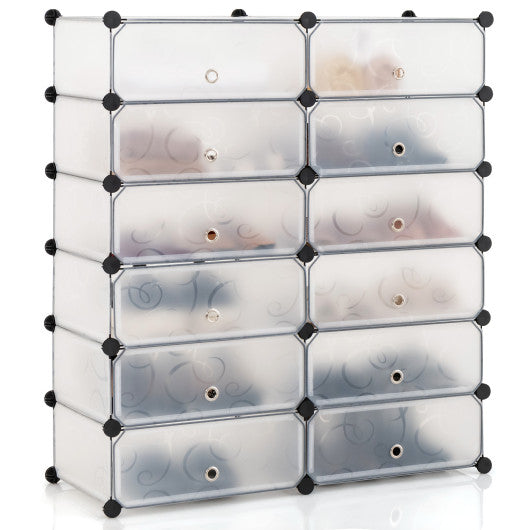 12-Cube DIY Portable Plastic Shoe Rack with Transparent Doors-White Hot on Sale