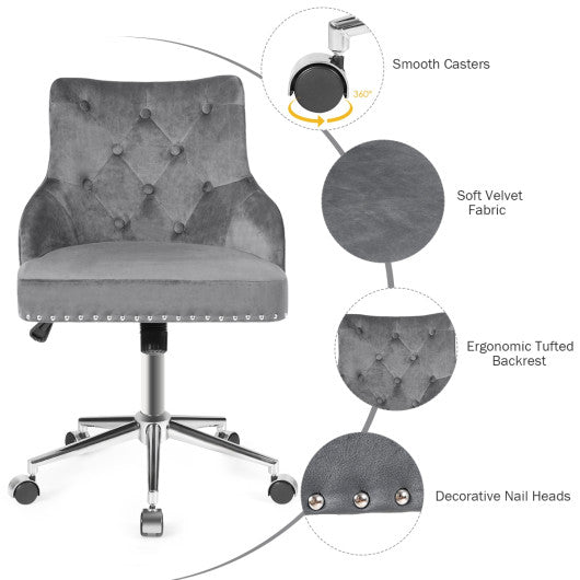 Tufted Upholstered Swivel Computer Desk Chair with Nailed Tri-Gray For Sale