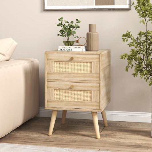 Rattan Nightstand Boho Accent Bedside Table with 2 Storage Drawers-Natural For Discount