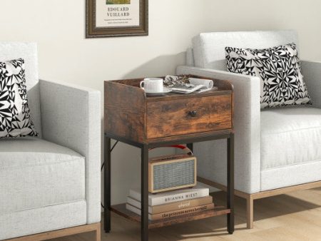 Industrial Bedside Table Nightstand with Charging Station-Rustic Brown on Sale