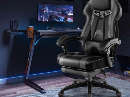 Gaming Chair Racing Style Swivel Chair with Footrest and Adjustable Lumbar Pillow-Gray For Sale