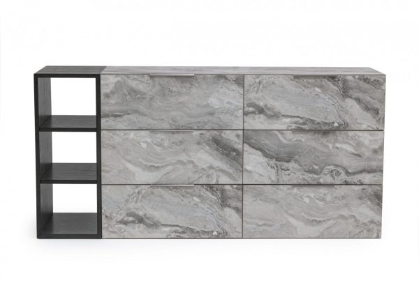 63  Grey Faux Marble and Black Wood Six Drawer Double Dresser Sale