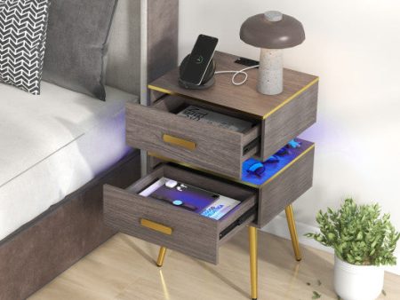 Nightstand Sofa Side Tables with Charging Station and 2 Drawers and LED lights-Gray Cheap