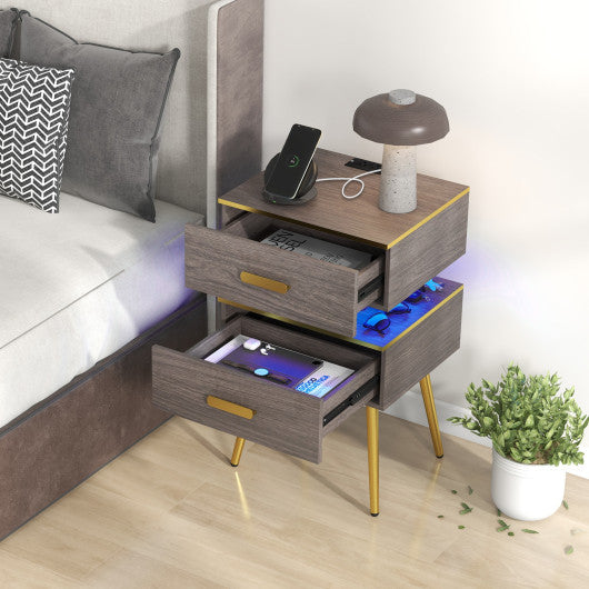 Nightstand Sofa Side Tables with Charging Station and 2 Drawers and LED lights-Gray Cheap