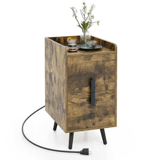 Nightstand Side Tables with 2 Drawers and 2 USB Ports-Rustic Brown Discount