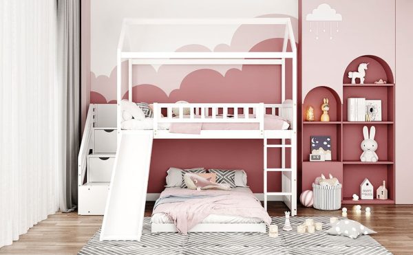 White Twin Over Twin PlayHouse Perpendicular Bunk Bed with Slide Sale