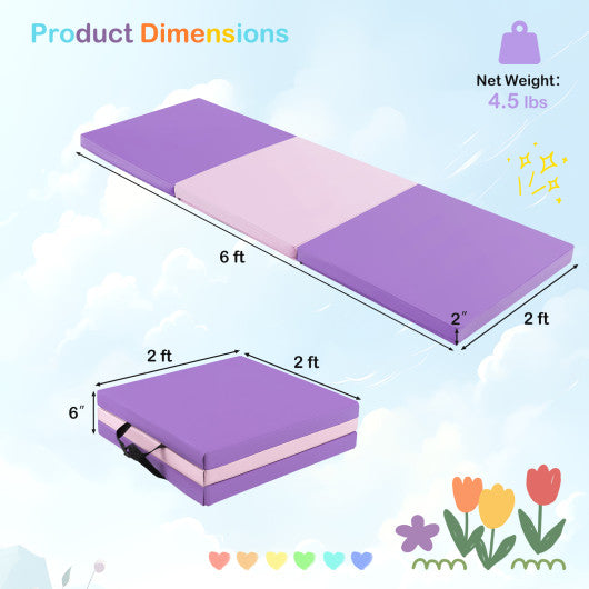 6 x 2 FT Tri-Fold Gym Mat with Handles and Removable Zippered Cover-Pink & Purple For Discount